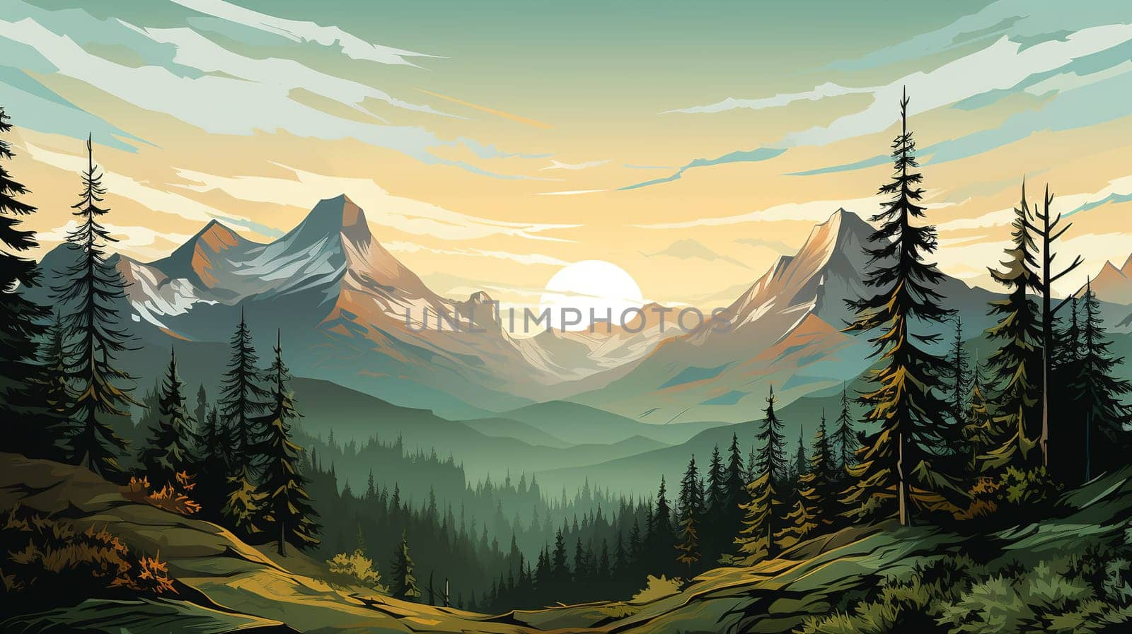 High rock mountain view wallpaper, with pine trees , with sunlight, green and yellow blur background , Generate AI