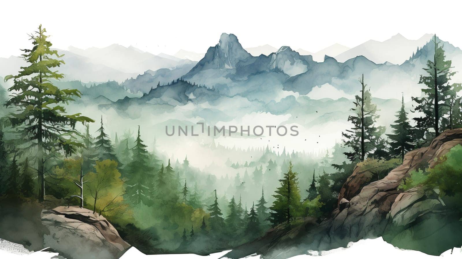 High rock mountain view wallpaper, with pine trees , with sunlight, green and yellow blur background , Generate AI by Mrsongrphc