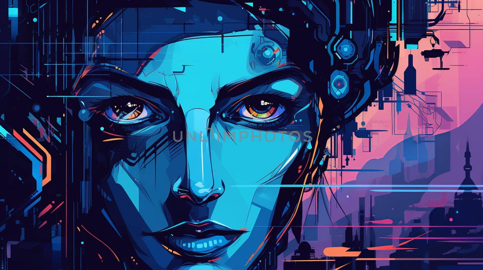 Robotic modern face Background  design graphic  Abstract cyberpunk landing page Generate AI