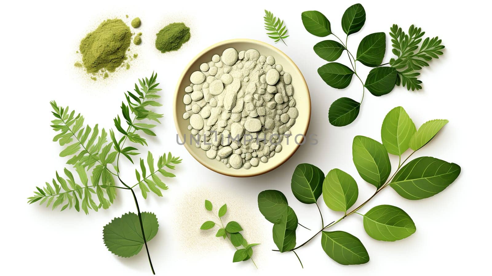  Botanical Moringa leaves and natural health medicine powder , white background Generate AI by Mrsongrphc