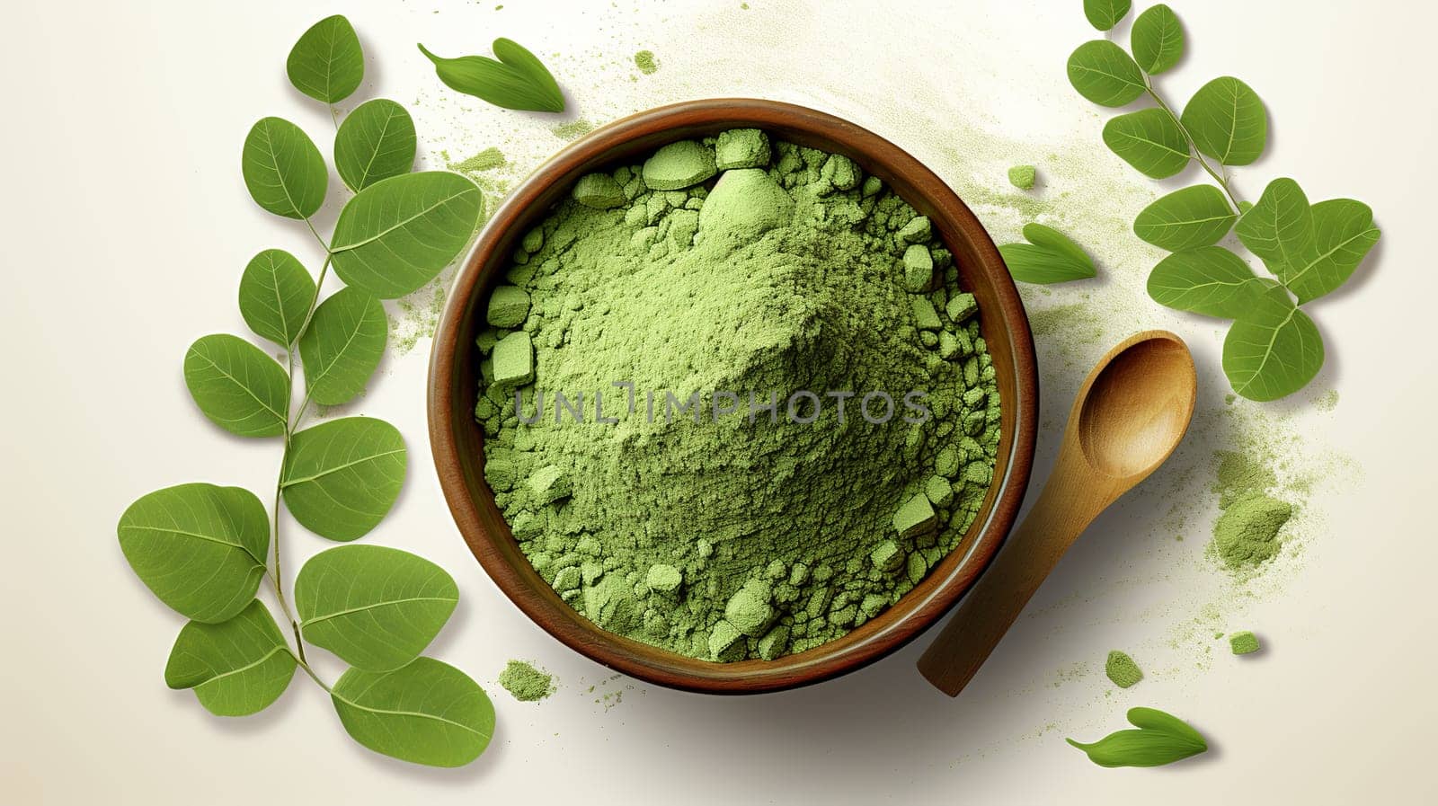  Botanical Moringa leaves and natural health medicine powder , white background Generate AI by Mrsongrphc