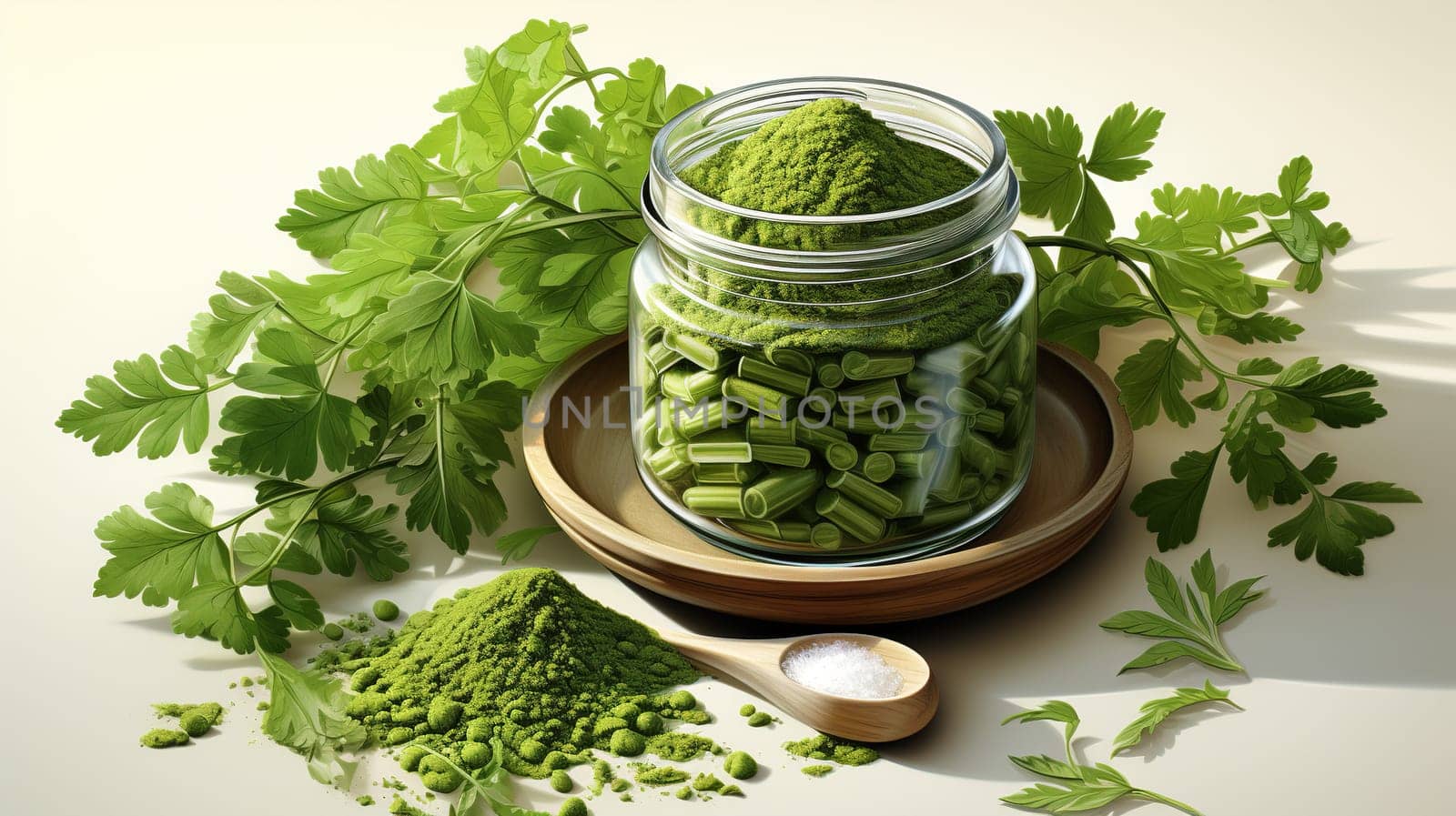  Botanical Moringa leaves and natural health medicine powder , white background Generate AI