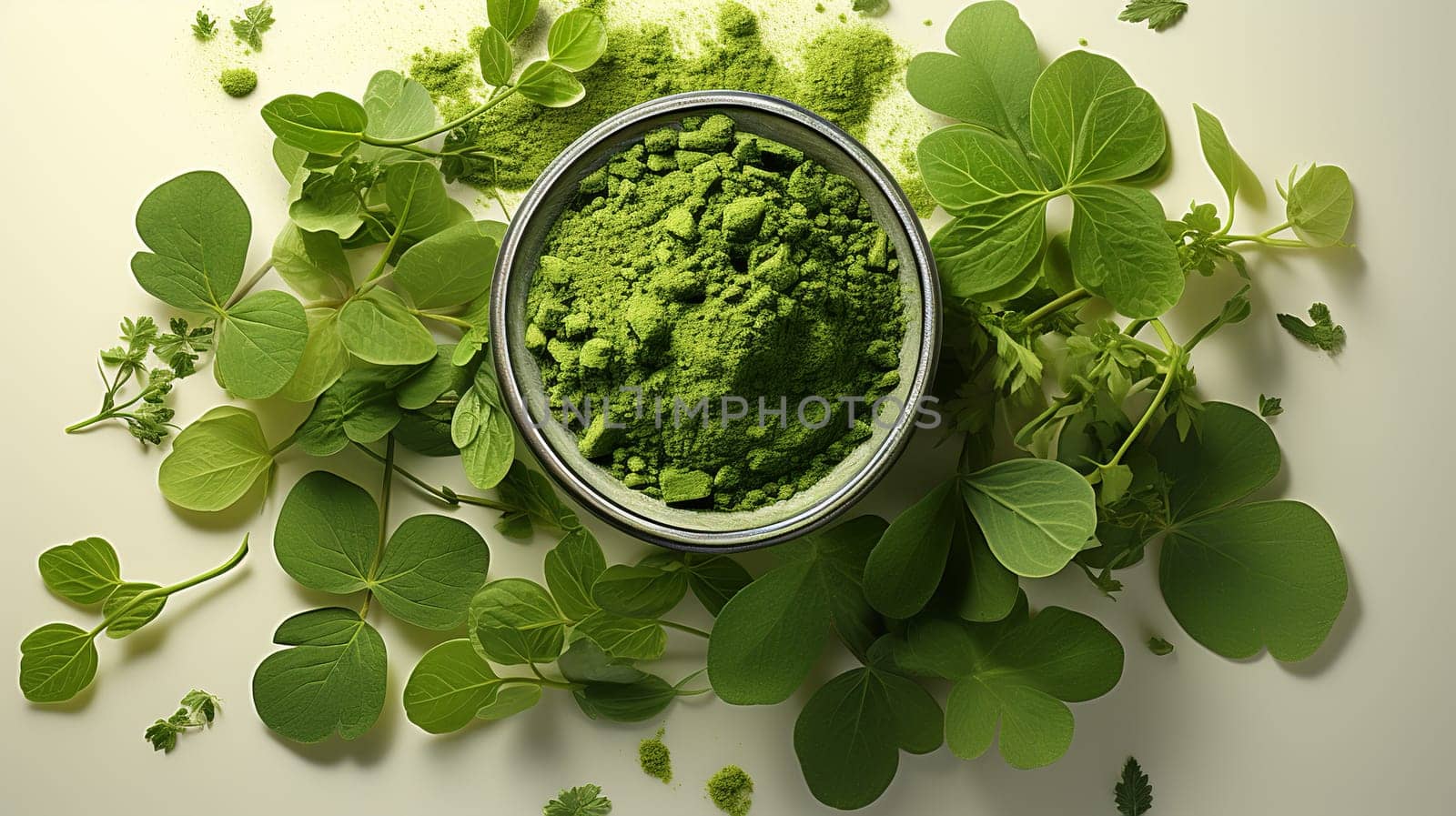  Botanical Moringa leaves and natural health medicine powder , white background Generate AI by Mrsongrphc