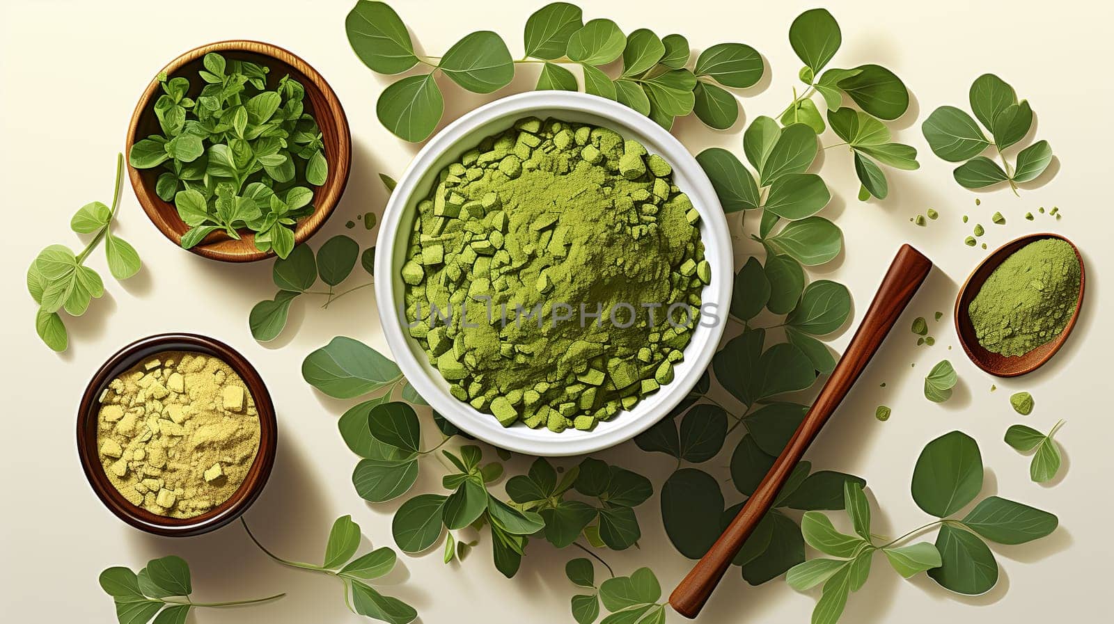  Botanical Moringa leaves and natural health medicine powder , white background Generate AI