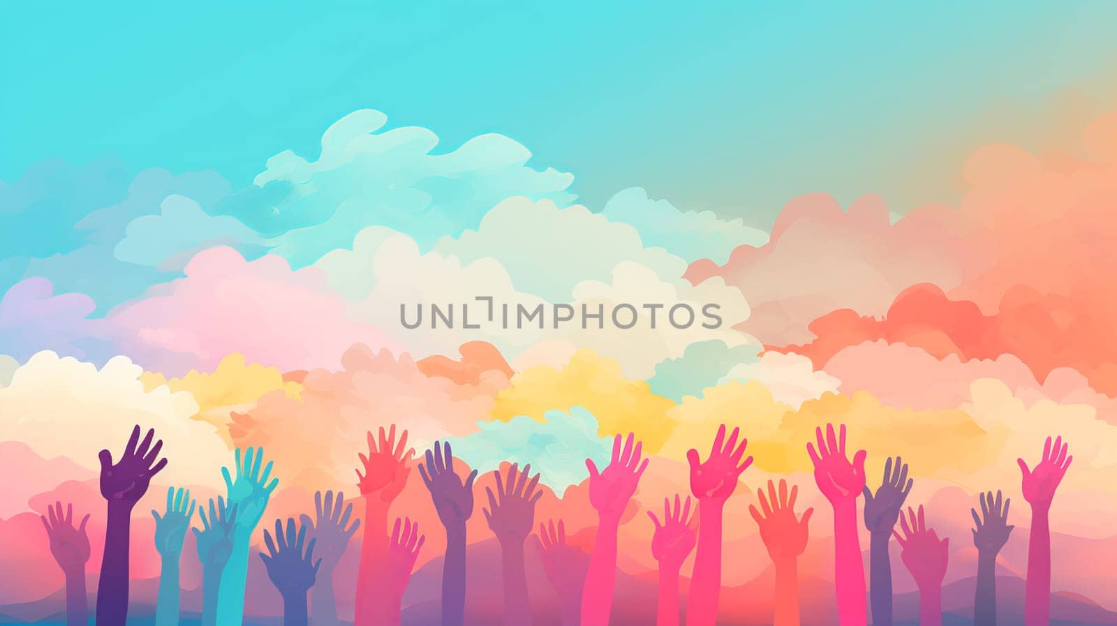 group of small children's hands Rainbow color wallpaper background Generate AI by Mrsongrphc