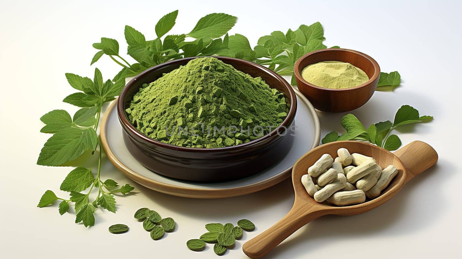  Botanical Moringa leaves and natural health medicine powder , white background Generate AI