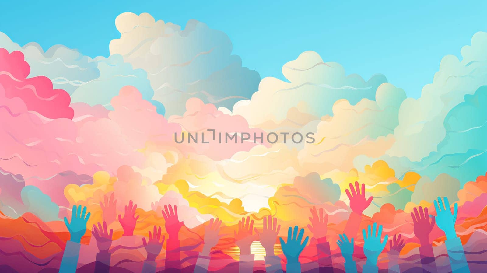  group of small children's hands Rainbow color wallpaper background Generate AI by Mrsongrphc