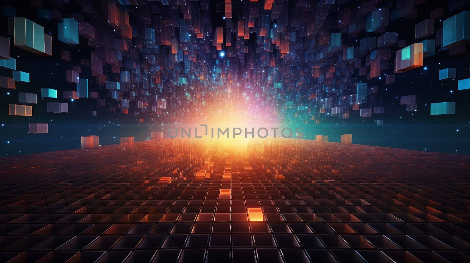 Technology abstract ,Abstract colorful grid surrounded by glowing particles  background Generate AI by Mrsongrphc