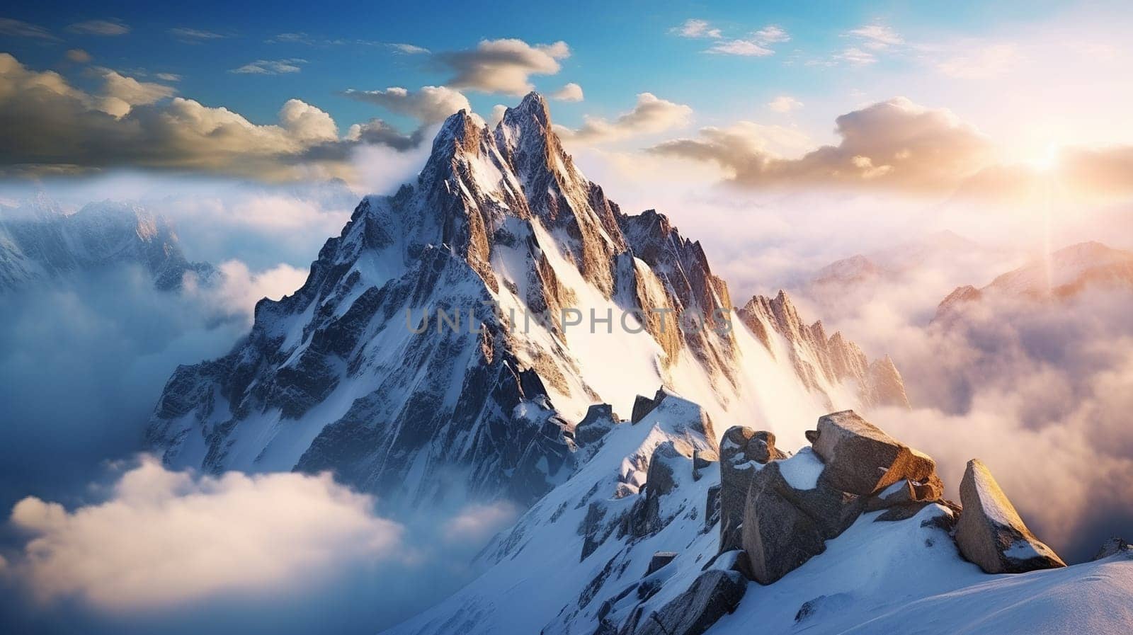 Rocky mountain peak decorated with white clouds in the morning.Generate AI