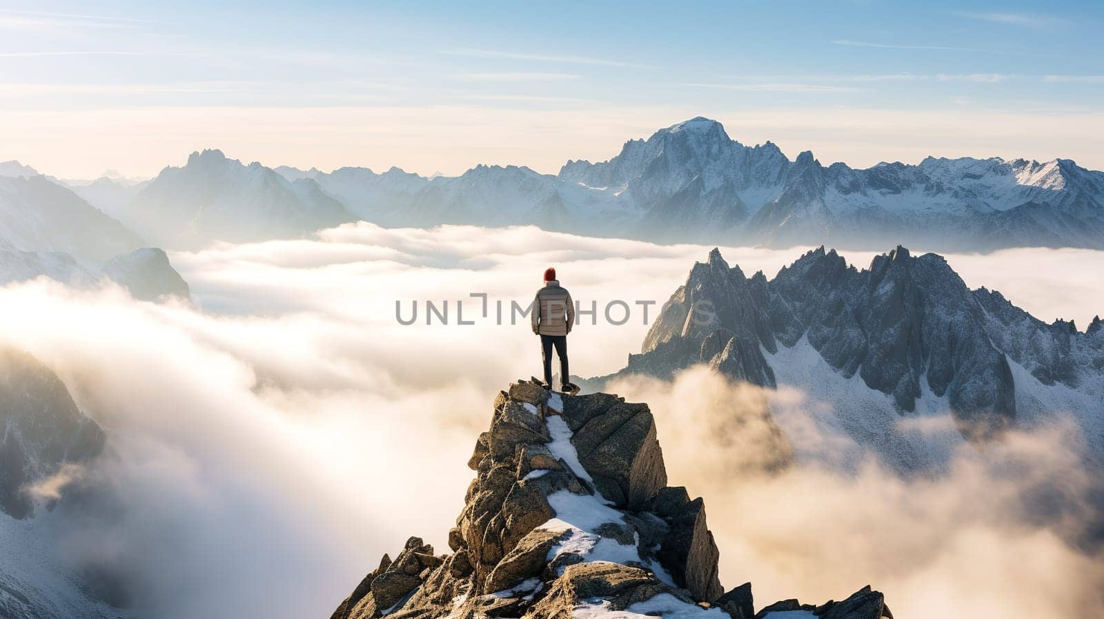 Rocky mountain peak decorated with white clouds in the morning.Generate AI by Mrsongrphc