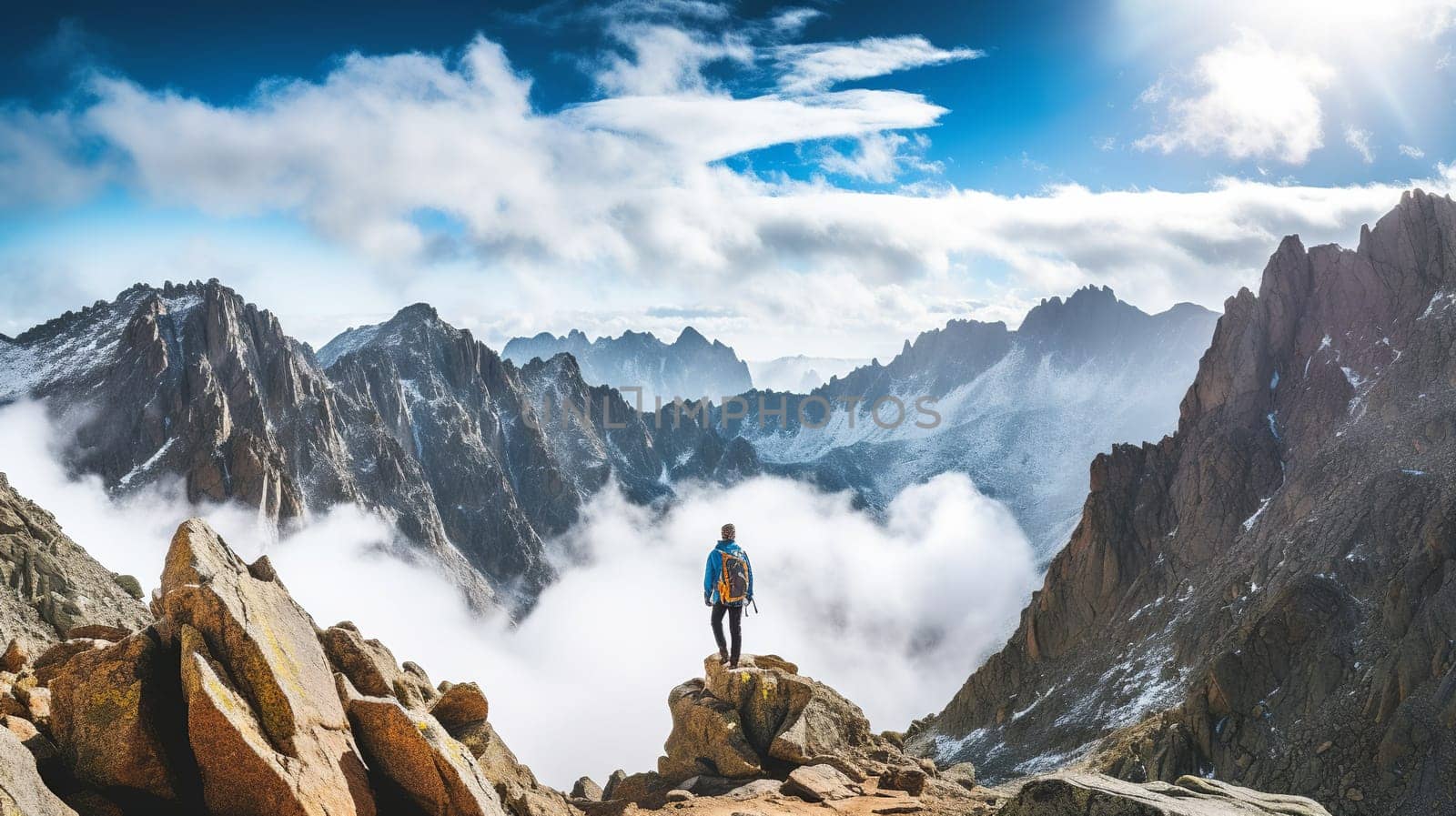 Rocky mountain peak decorated with white clouds in the morning.Generate AI by Mrsongrphc