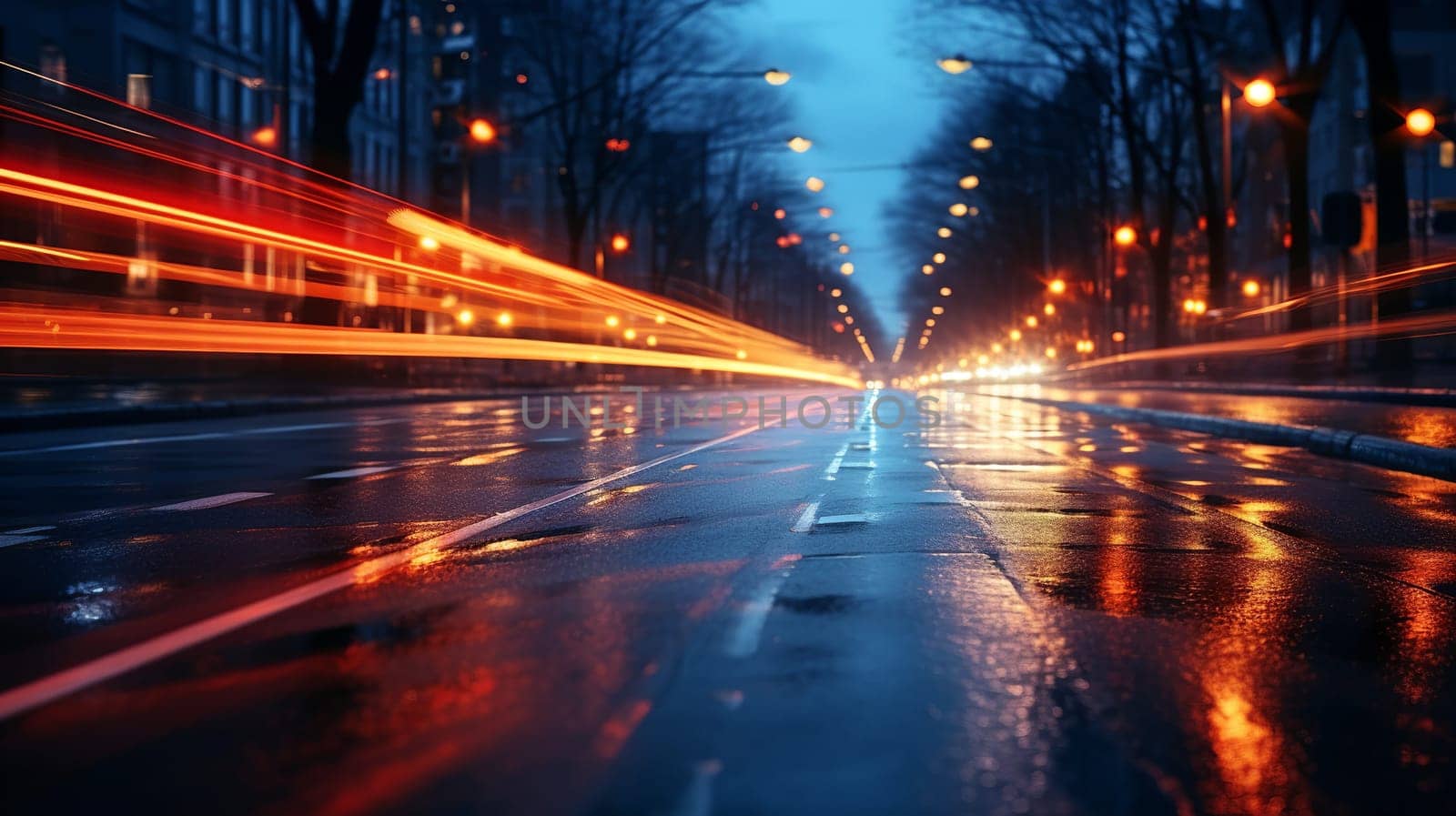  flashes of light colorful on city streets, from car headlights, like colorful flashes, Generate AI