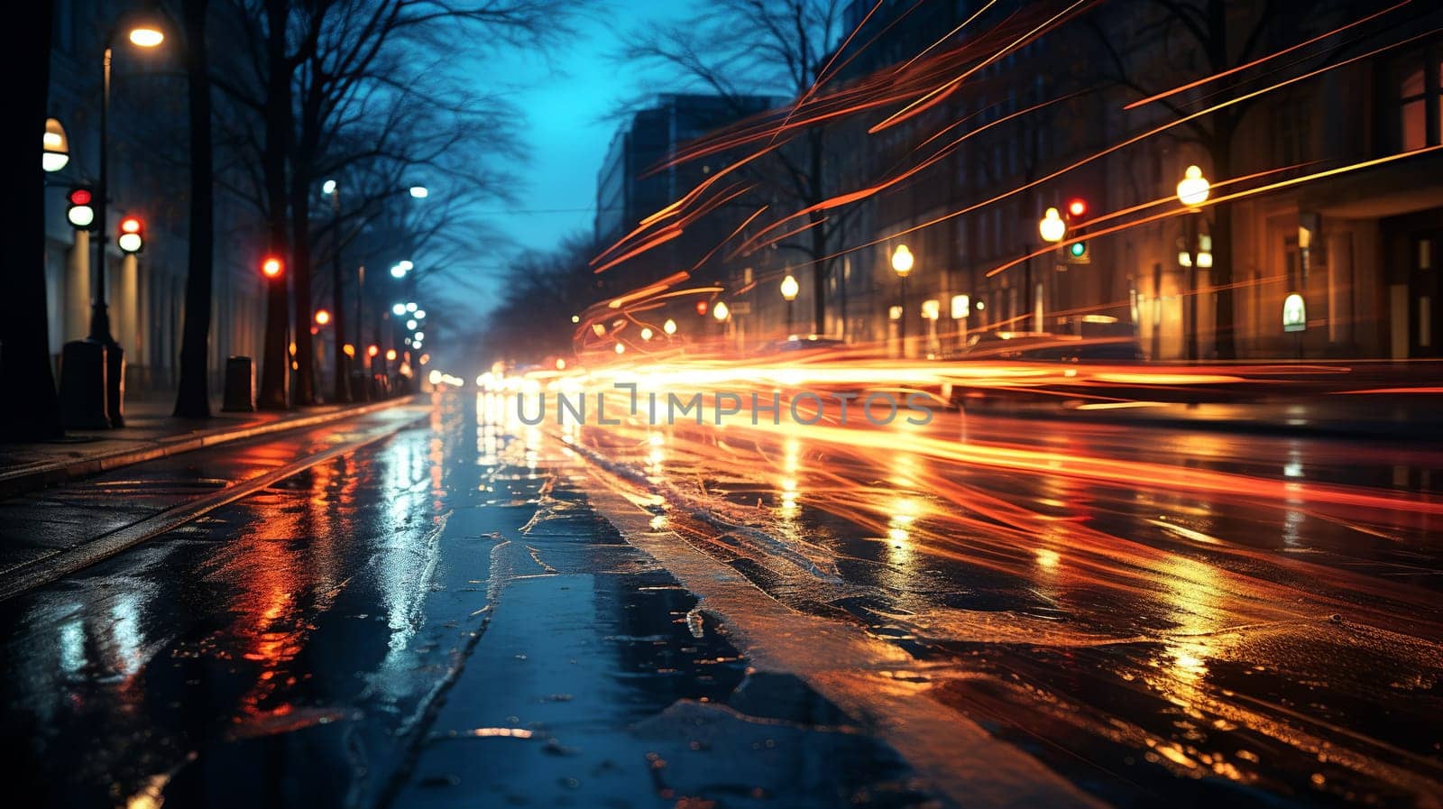  flashes of light colorful on city streets, from car headlights, like colorful flashes, Generate AI by Mrsongrphc