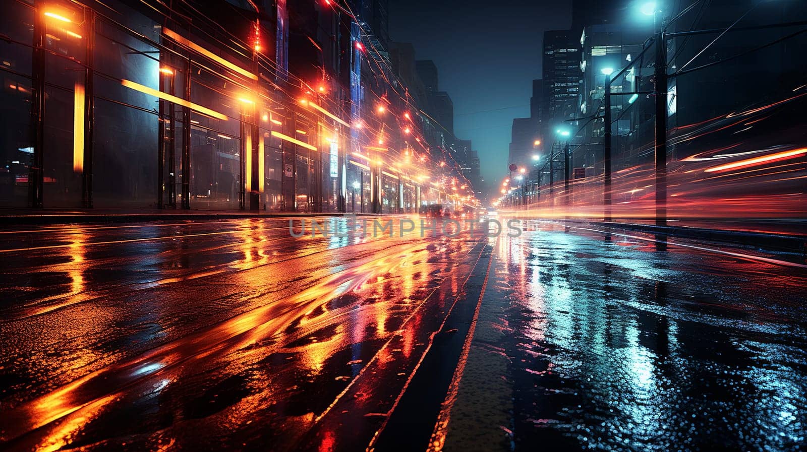  flashes of light colorful on city streets, from car headlights, like colorful flashes, Generate AI by Mrsongrphc