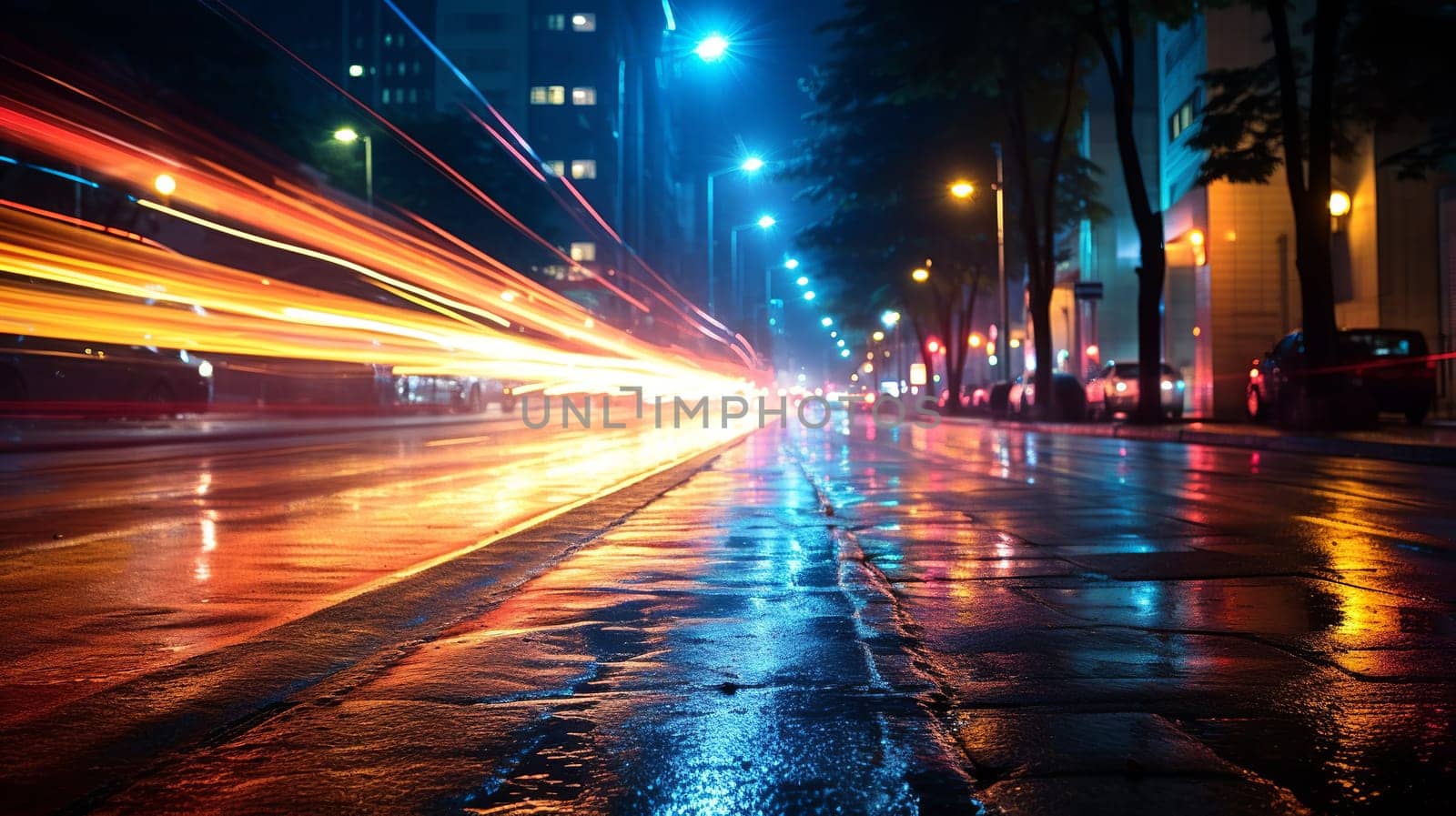  flashes of light colorful on city streets, from car headlights, like colorful flashes, Generate AI by Mrsongrphc