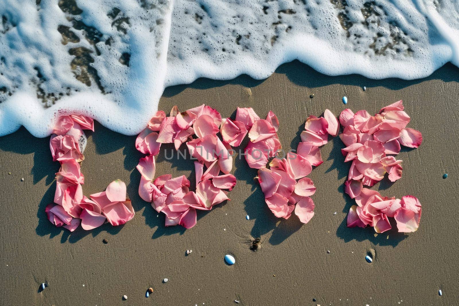 romantic beach of love rose petals on the coastline wide view pragma