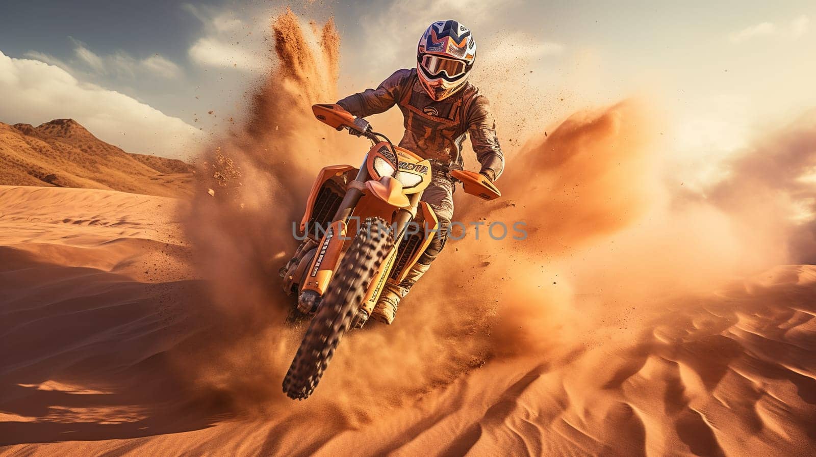 Competitive quad biker kicking up a plume of sand while racing over a sand dune Generate AI by Mrsongrphc