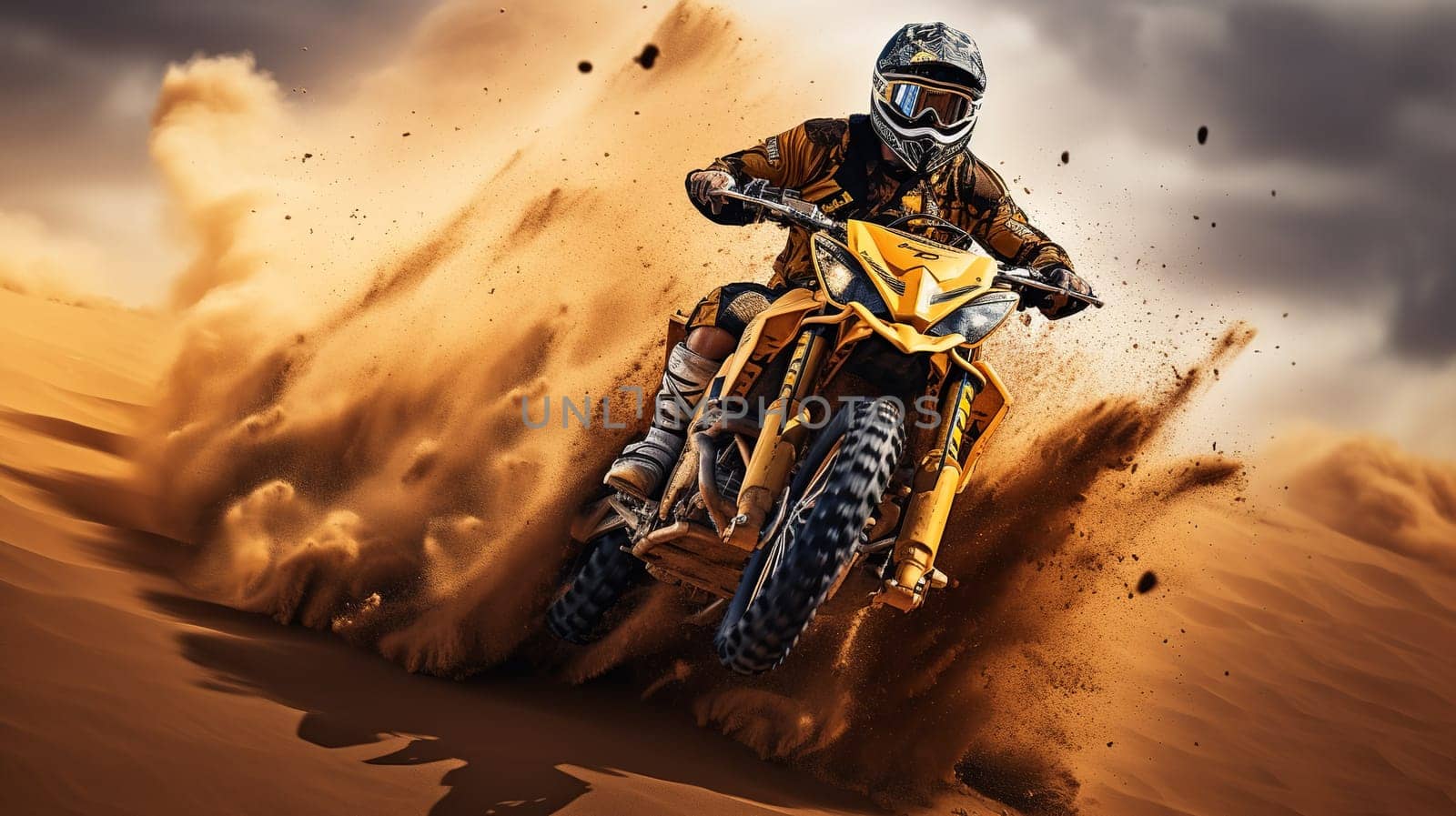 Competitive quad biker kicking up a plume of sand while racing over a sand dune Generate AI by Mrsongrphc