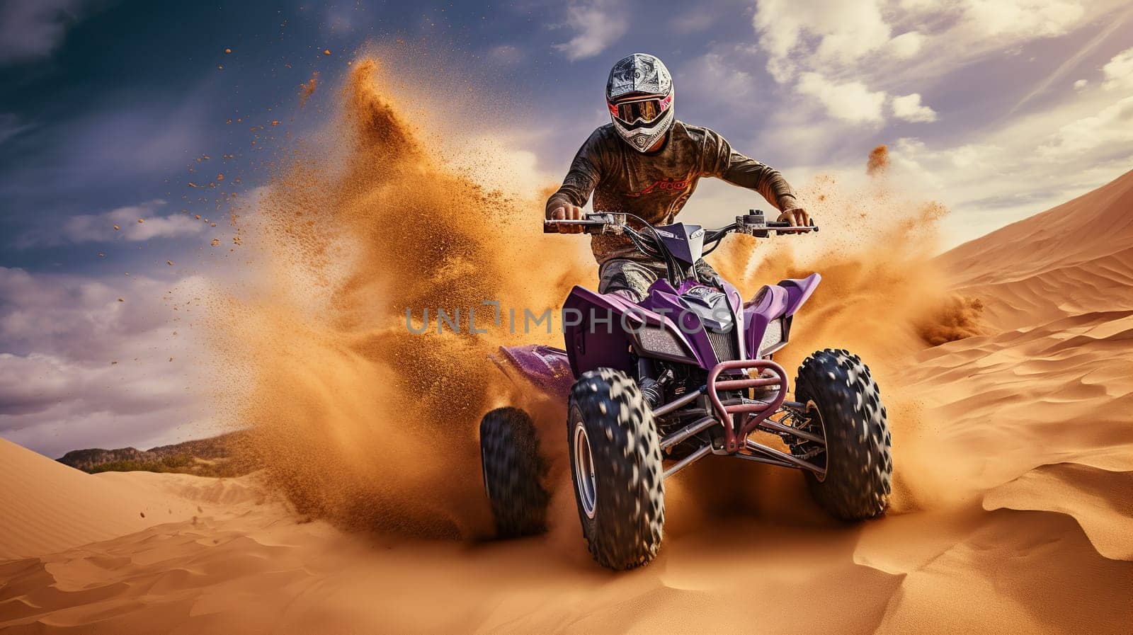 Competitive quad biker kicking up a plume of sand while racing over a sand dune Generate AI by Mrsongrphc