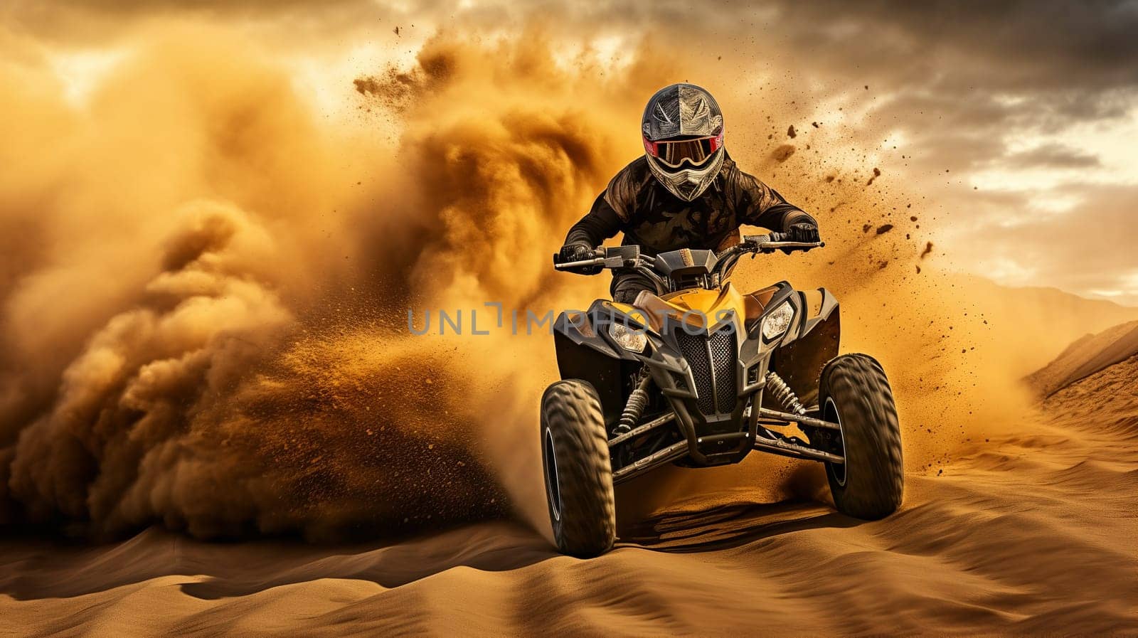 Competitive quad biker kicking up a plume of sand while racing over a sand dune Generate AI