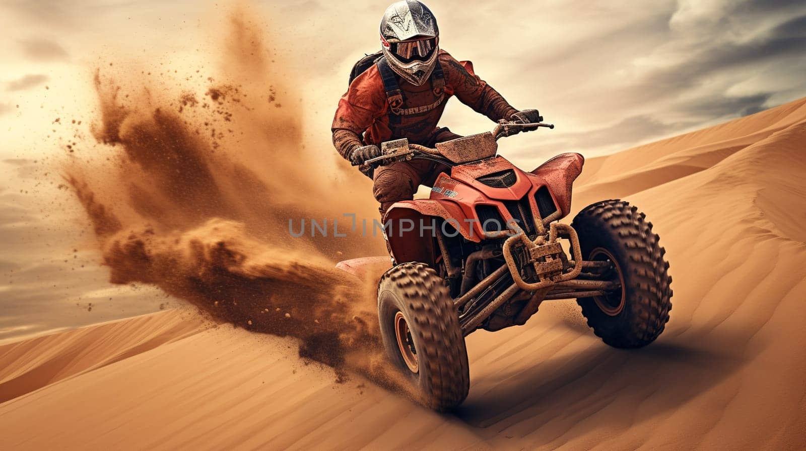 Competitive quad biker kicking up a plume of sand while racing over a sand dune Generate AI by Mrsongrphc