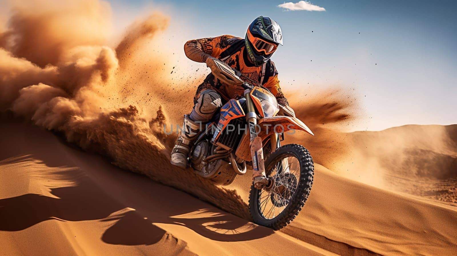 Competitive quad biker kicking up a plume of sand while racing over a sand dune Generate AI