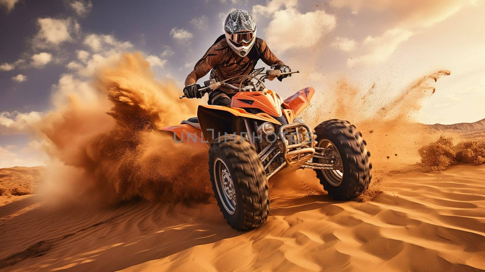 Competitive quad biker kicking up a plume of sand while racing over a sand dune Generate AI by Mrsongrphc