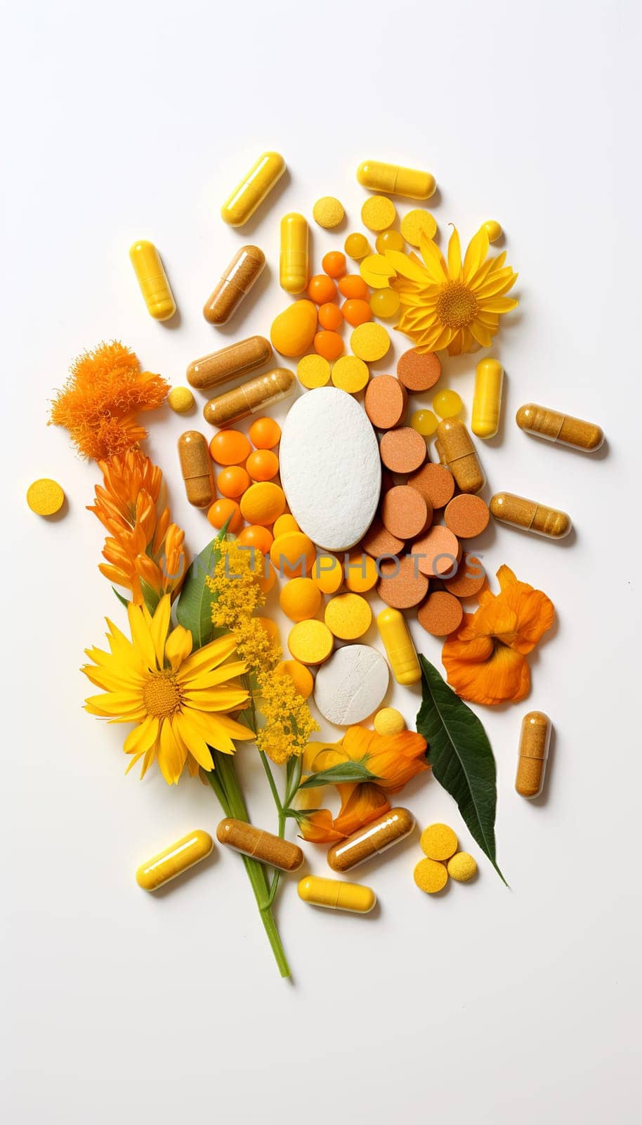  Natural Healing Herbal Medicine Turmeric, Nutritional   Turmeric, Pills, in the photo from a top angle Generate AI