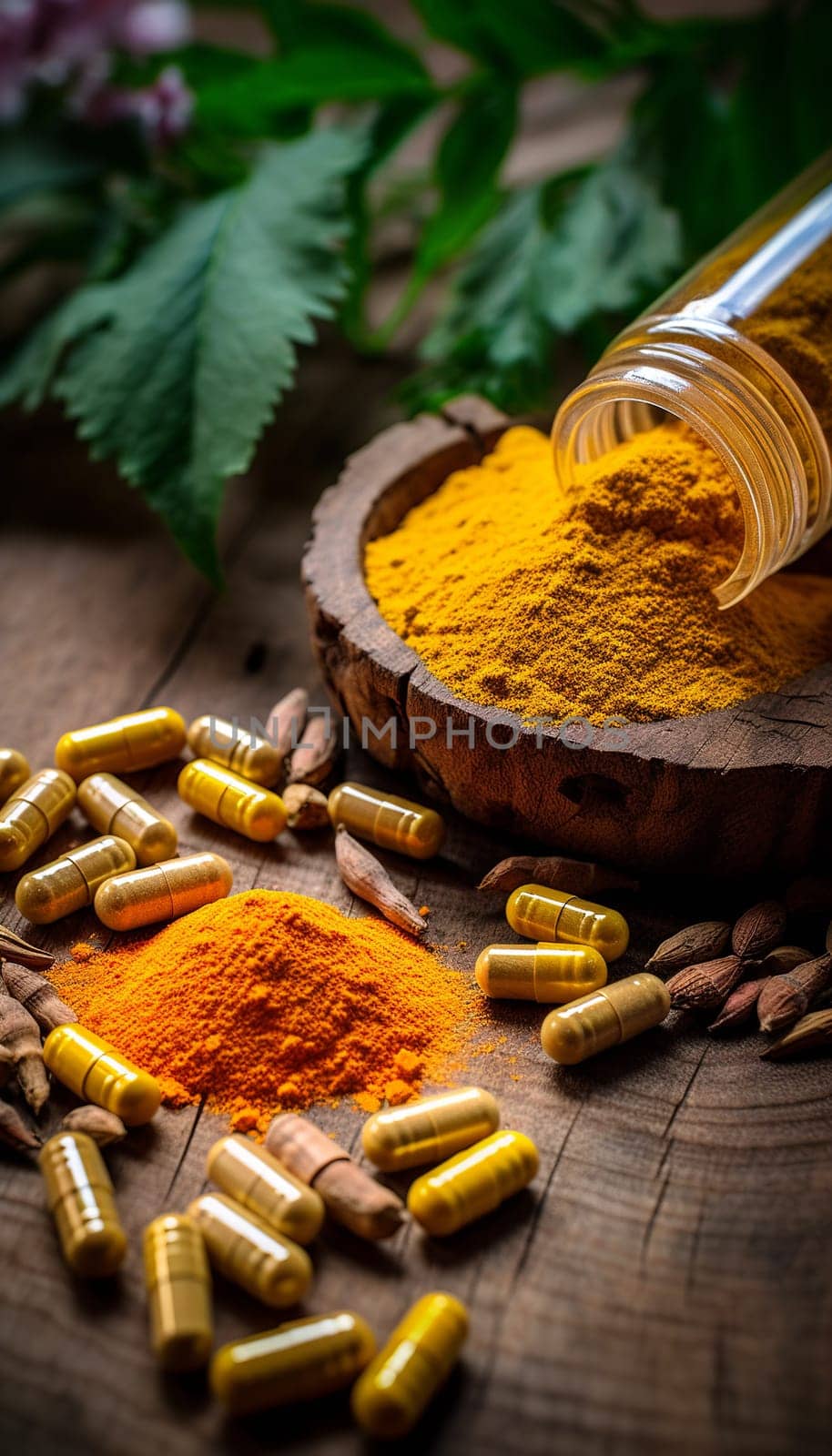  Natural Healing Herbal Medicine Turmeric, Nutritional   Turmeric, Pills, in the photo from a top angle Generate AI