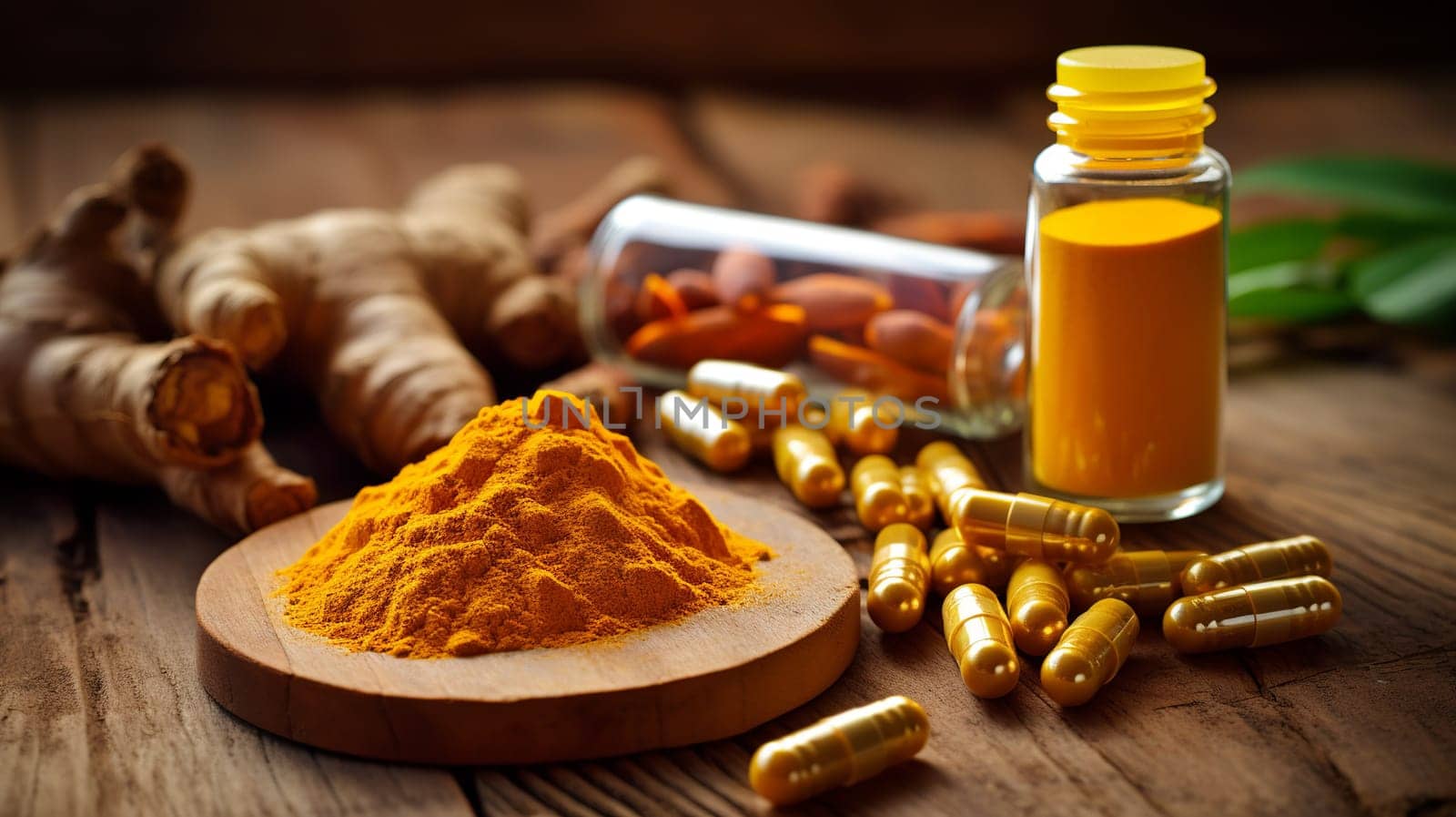  Natural Healing Herbal Medicine Turmeric, Nutritional   Turmeric, Pills, in the photo from a top angle Generate AI by Mrsongrphc