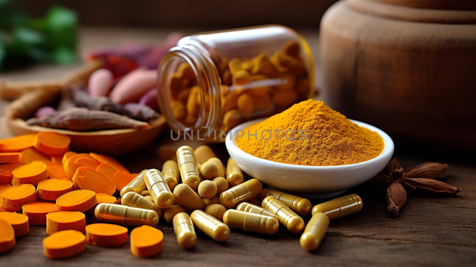  Natural Healing Herbal Medicine Turmeric, Nutritional   Turmeric, Pills, in the photo from a top angle Generate AI