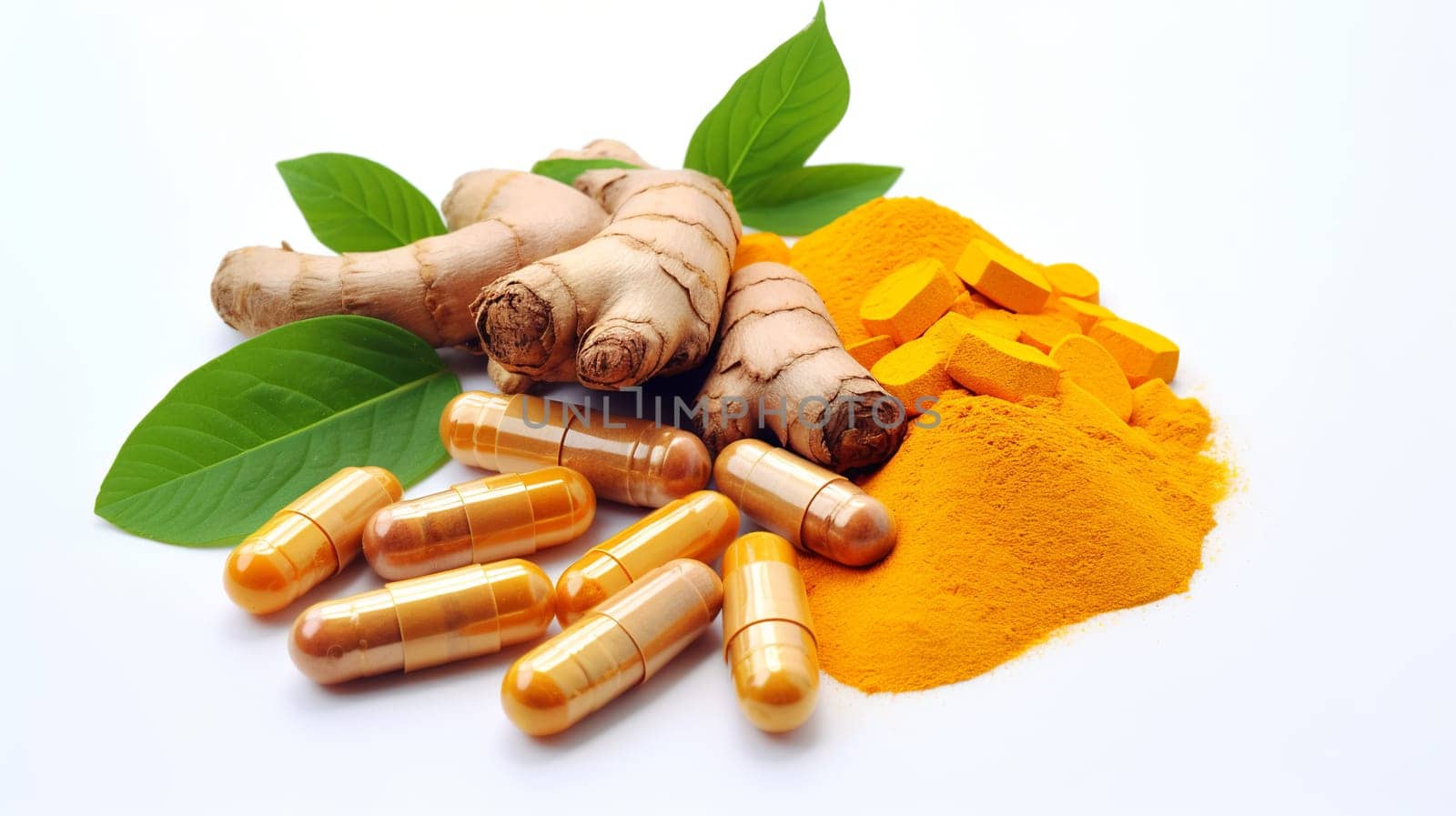  Natural Healing Herbal Medicine Turmeric, Nutritional   Turmeric, Pills, in the photo from a top angle Generate AI by Mrsongrphc