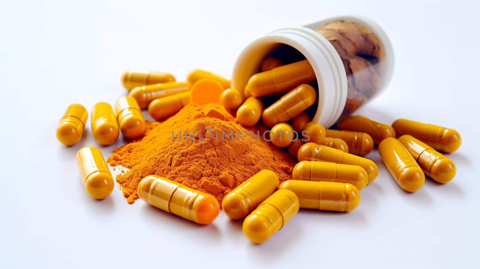  Natural Healing Herbal Medicine Turmeric, Nutritional   Turmeric, Pills, in the photo from a top angle Generate AI