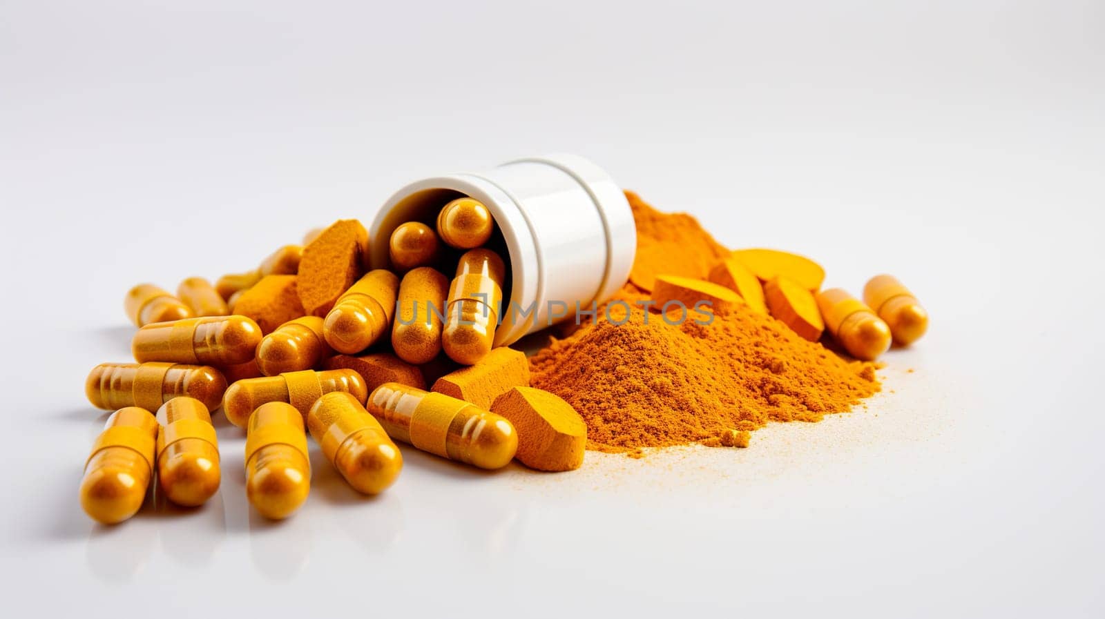  Natural Healing Herbal Medicine Turmeric, Nutritional   Turmeric, Pills, in the photo from a top angle Generate AI by Mrsongrphc