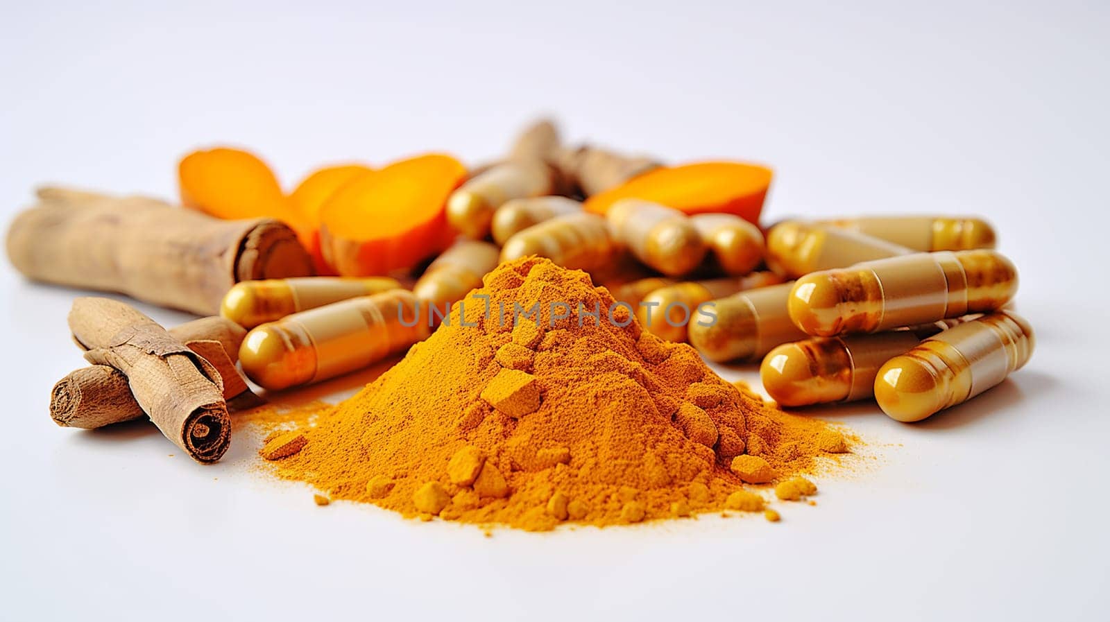  Natural Healing Herbal Medicine Turmeric, Nutritional   Turmeric, Pills, in the photo from a top angle Generate AI by Mrsongrphc