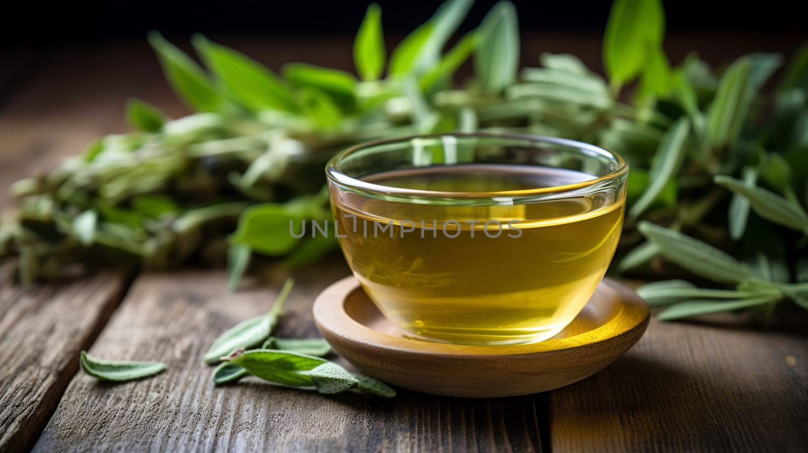 Freshly made cup of sage tea Tea, Herbal tea, Sage, Liquid, Leaves , on a wooden table Generate AI