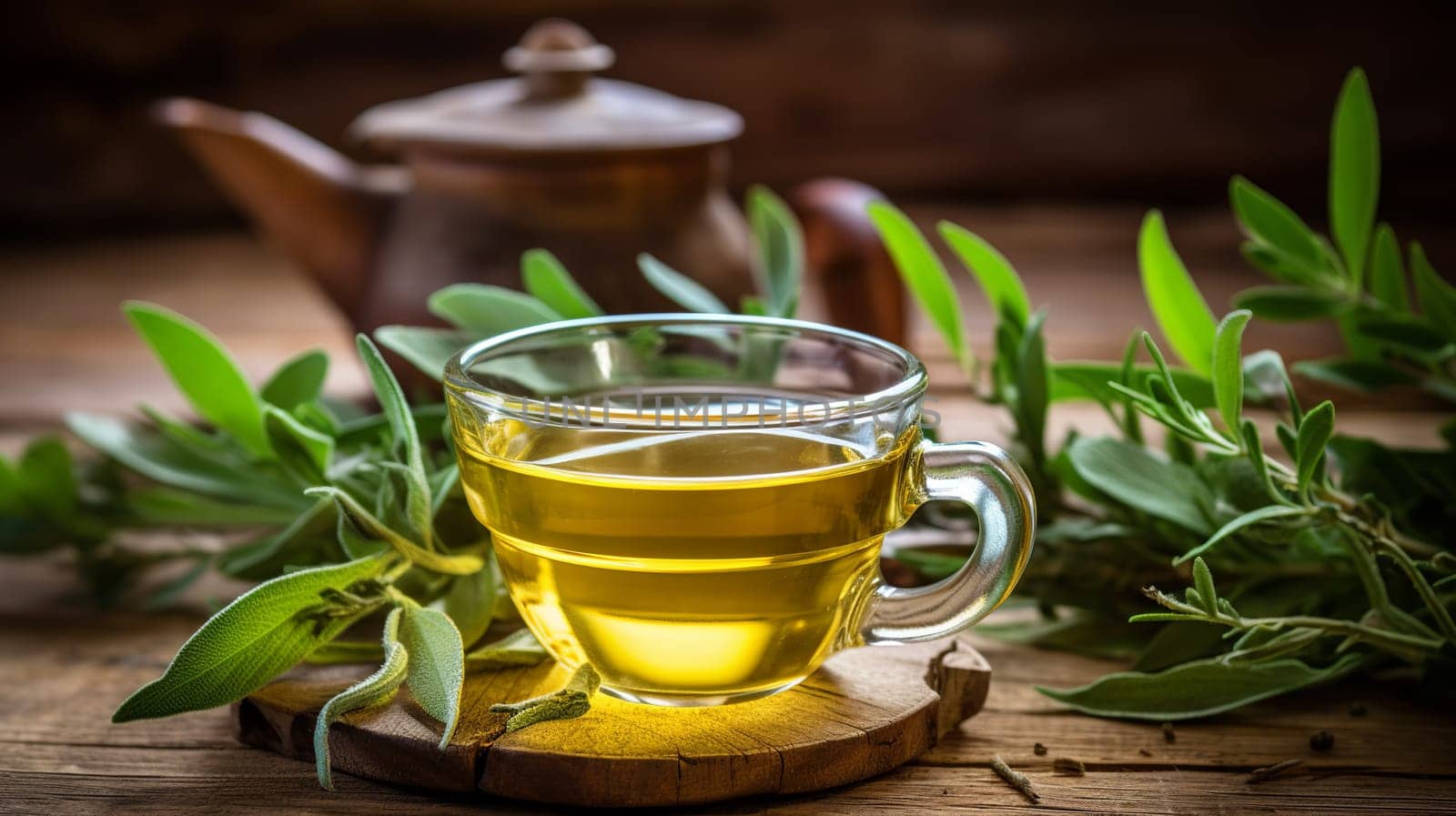 Freshly made cup of sage tea Tea, Herbal tea, Sage, Liquid, Leaves , on a wooden table Generate AI