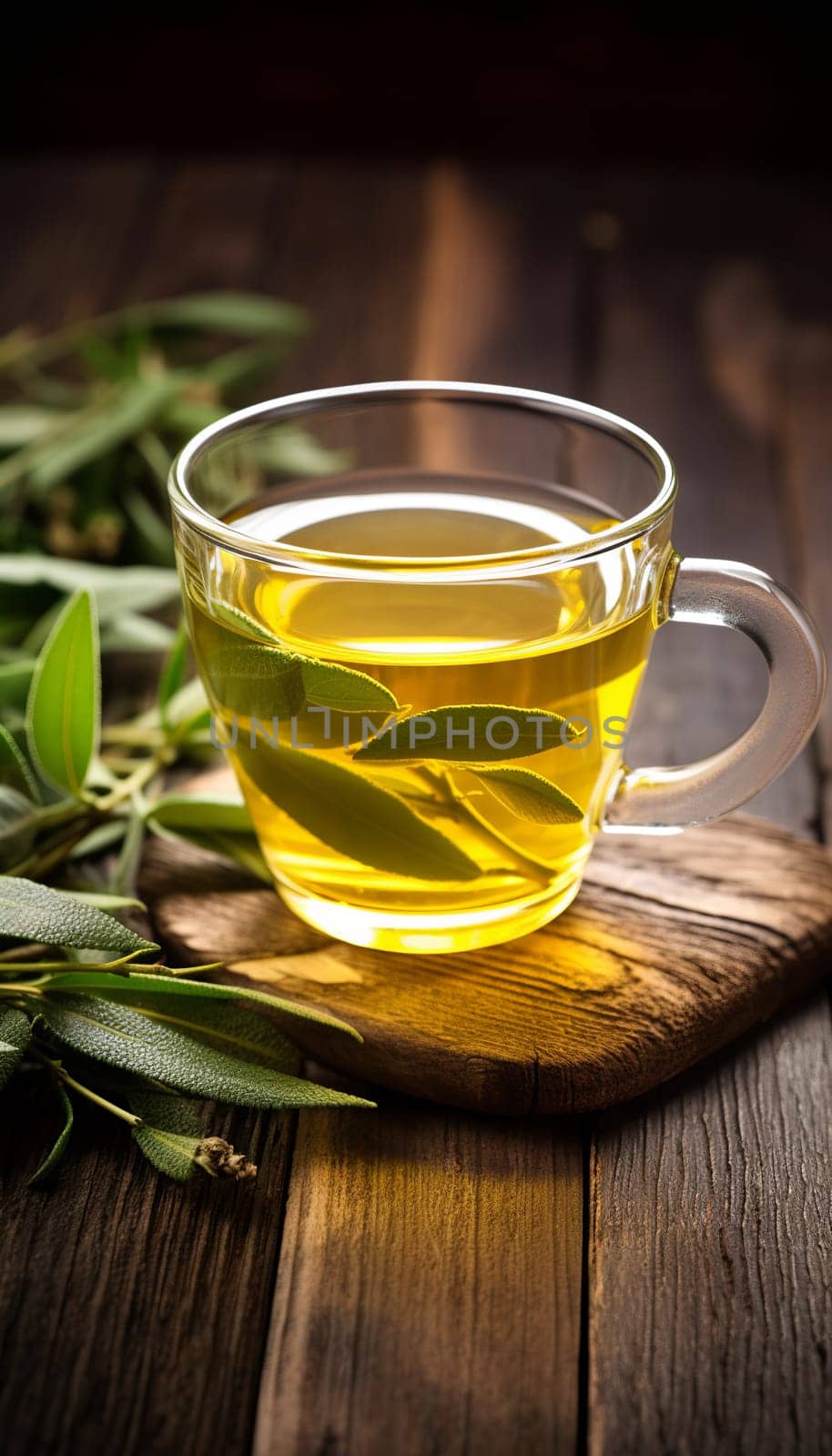 Freshly made cup of sage tea Tea, Herbal tea, Sage, Liquid, Leaves , on a wooden table Generate AI