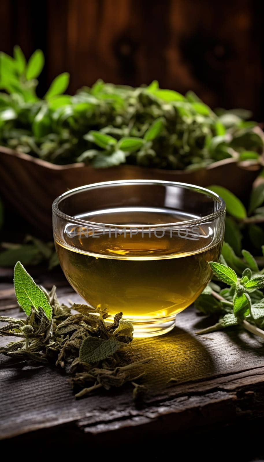 Freshly made cup of sage tea Tea, Herbal tea, Sage, Liquid, Leaves , on a wooden table Generate AI by Mrsongrphc