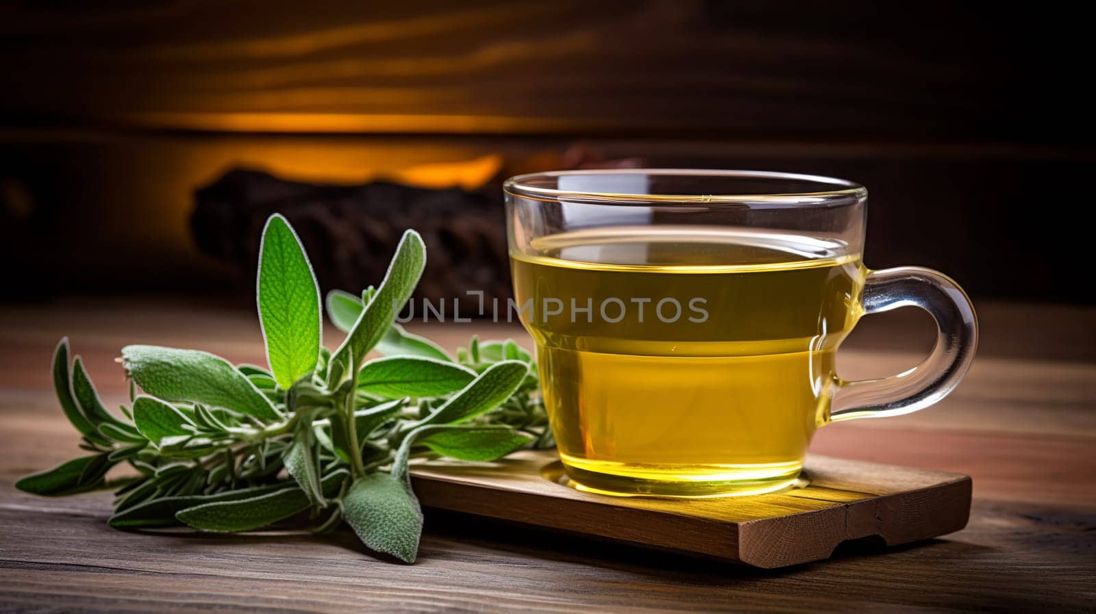 Freshly made cup of sage tea Tea, Herbal tea, Sage, Liquid, Leaves , on a wooden table Generate AI by Mrsongrphc