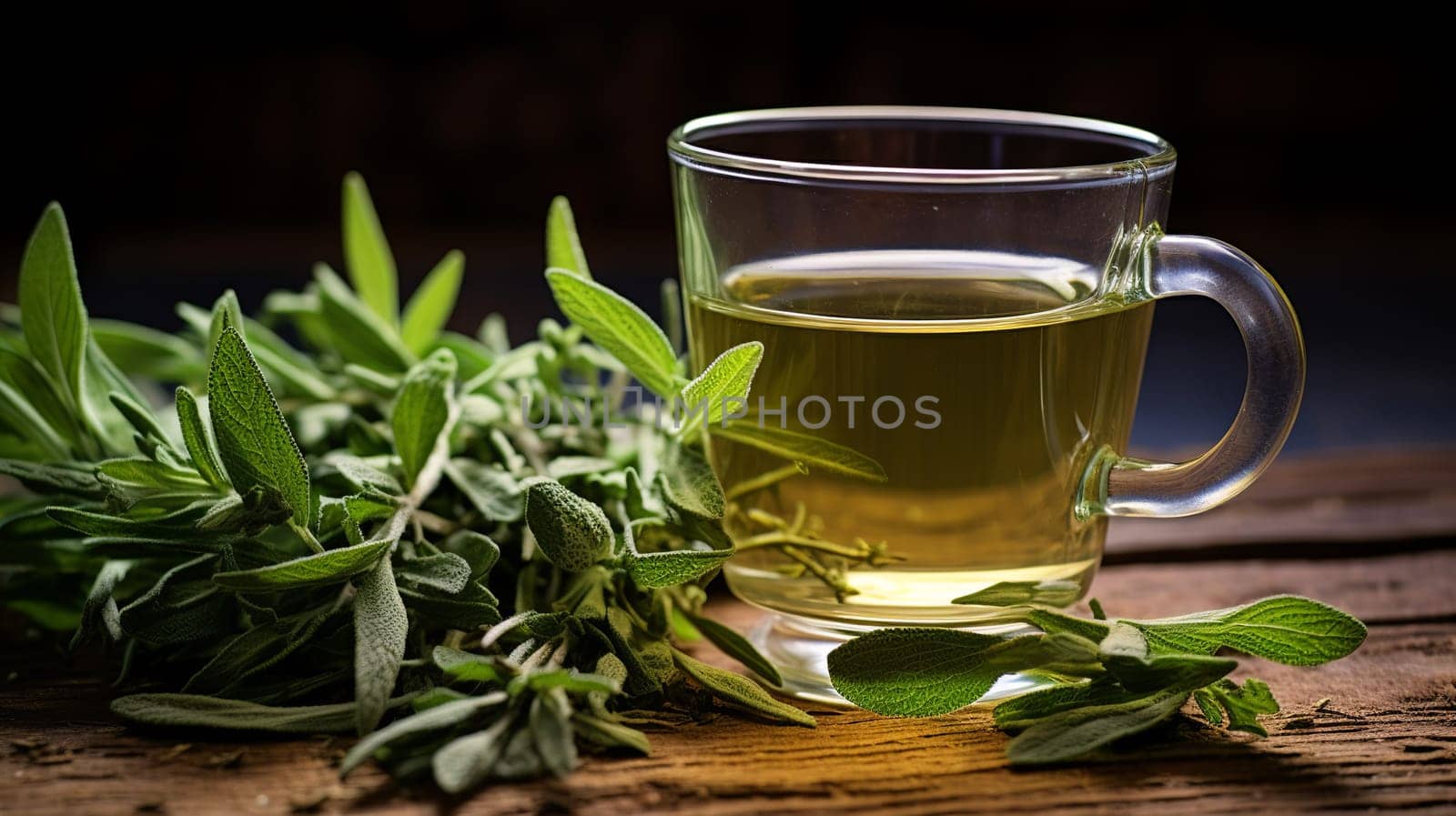 Freshly made cup of sage tea Tea, Herbal tea, Sage, Liquid, Leaves , on a wooden table Generate AI