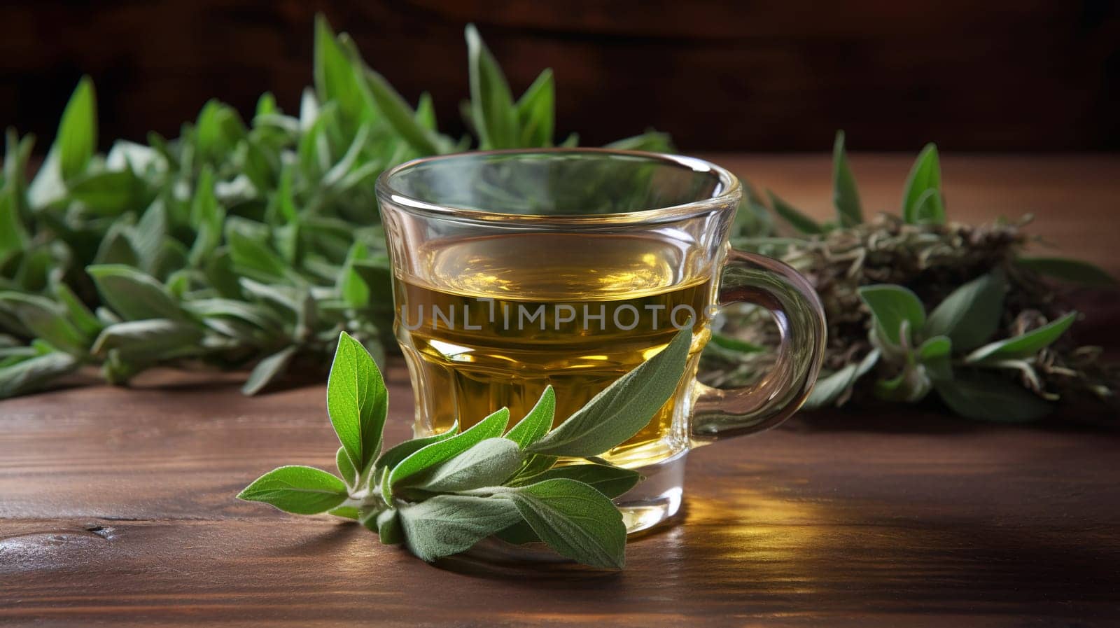 Freshly made cup of sage tea Tea, Herbal tea, Sage, Liquid, Leaves , on a wooden table Generate AI by Mrsongrphc