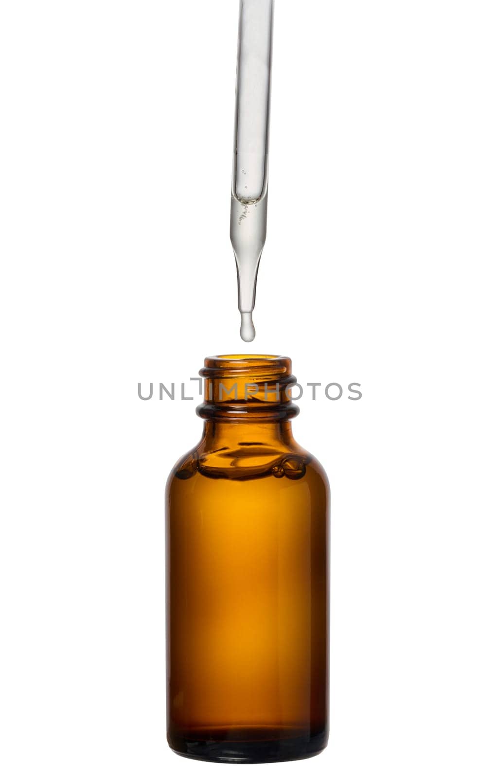 A glass brown bottle with a dropper on a white isolated background, a container for cosmetic products.  by ndanko