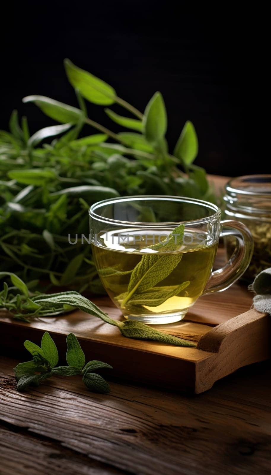 Freshly made cup of sage tea Tea, Herbal tea, Sage, Liquid, Leaves , on a wooden table Generate AI