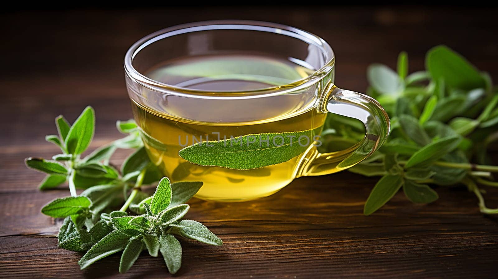 Freshly made cup of sage tea Tea, Herbal tea, Sage, Liquid, Leaves , on a wooden table Generate AI