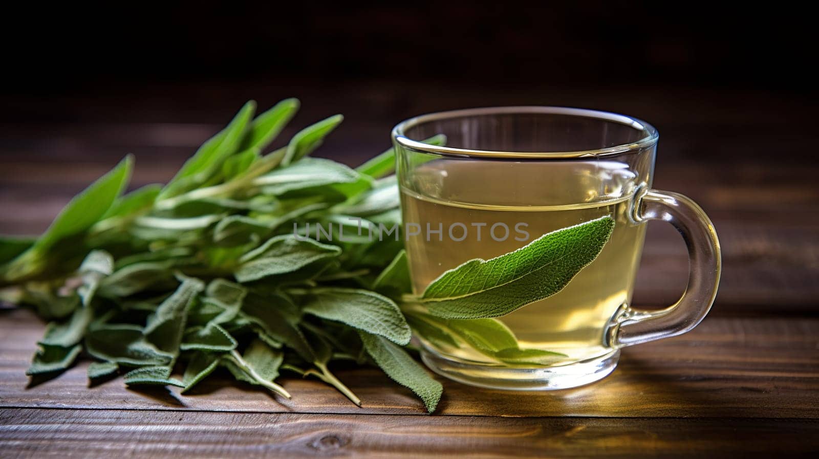 Freshly made cup of sage tea Tea, Herbal tea, Sage, Liquid, Leaves , on a wooden table Generate AI by Mrsongrphc