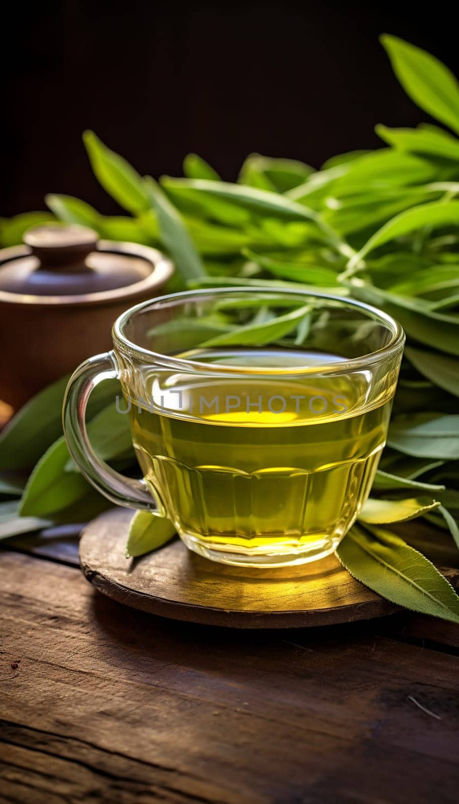 Freshly made cup of sage tea Tea, Herbal tea, Sage, Liquid, Leaves , on a wooden table Generate AI