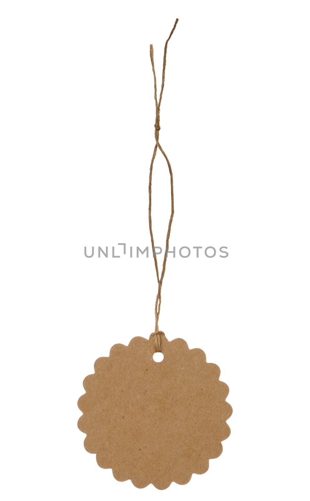 Round tag made of brown kraft paper with rope on isolated background by ndanko