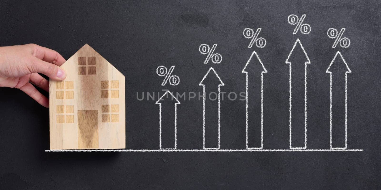 A woman's hand holds a miniature wooden house, and nearby there are drawn upward arrows with percentage signs, concept of mortgage rate growth and rising rental prices