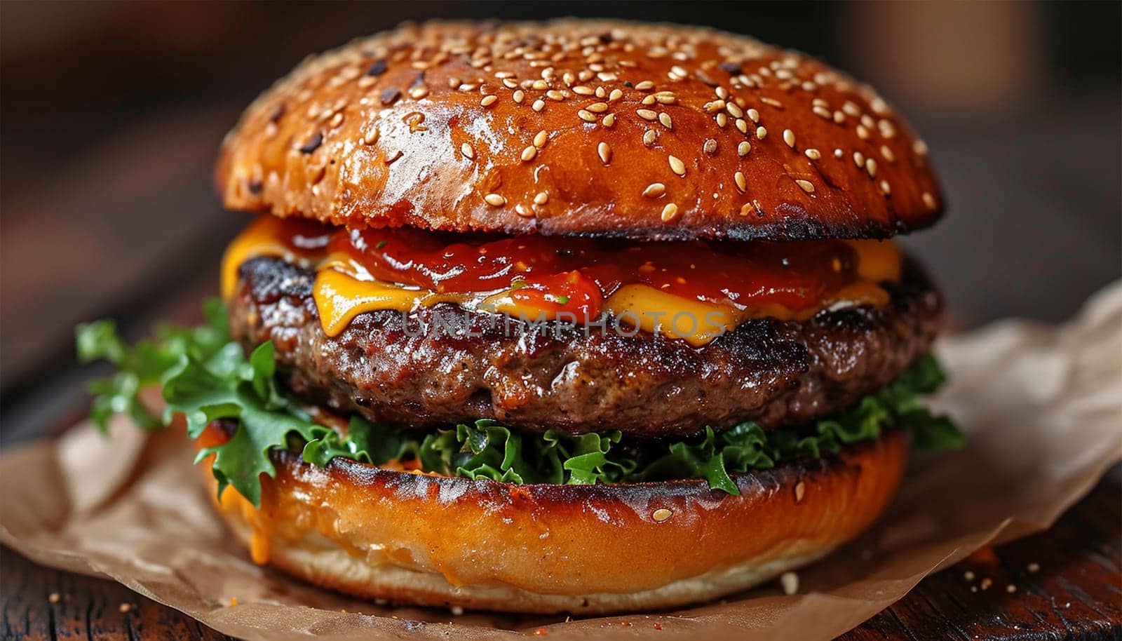 double cheeseburger with lettuce, tomato, onion, and melted american cheese with panoramic composition Copy space. Delicious fresh Fast food meat burger close up